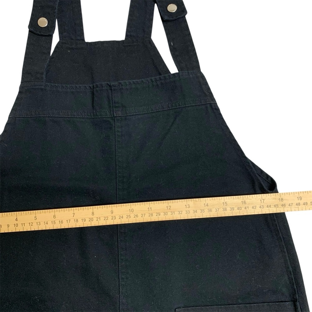 Black Denim Cotton Overalls Shorts Romper Adjustable Straps Sz M Patch Pockets - Picture 9 of 11